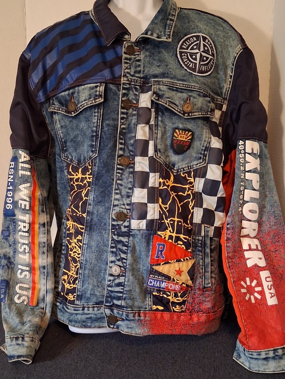 Men's Multicolor Patchwork REASON Denim Jacket - Casual Explorer  XL COASTAL